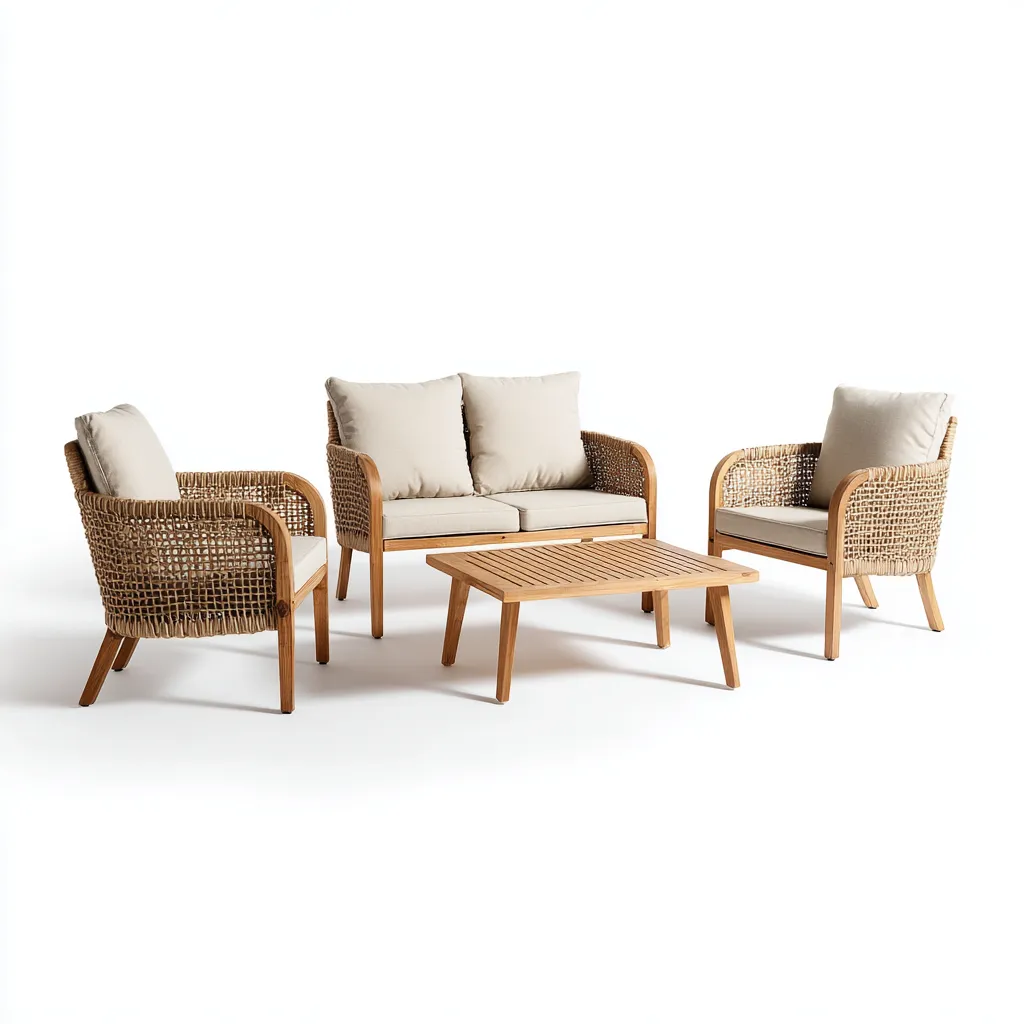 Tuinsofa set gevlochten rotan en houten frame met beige kussens 190x80x75 cm - natuurlijk ontwerp - geschikt voor buitengebruik-Domainixe