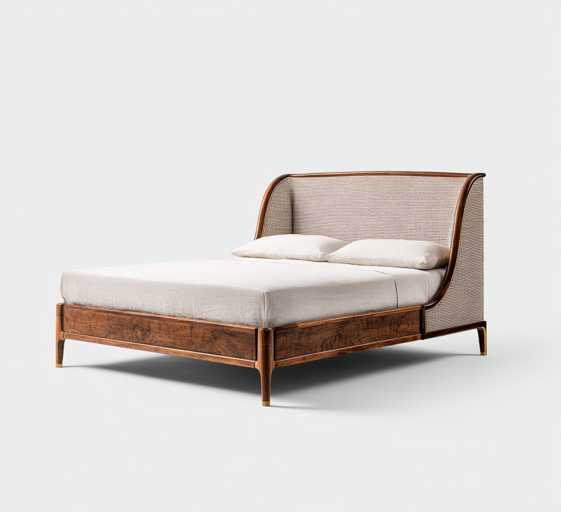 Tweepersoonsbed hout en stof 200x180x110 cm - naturel - beige - geschikt voor slaapkamer - modern design-Domainixe