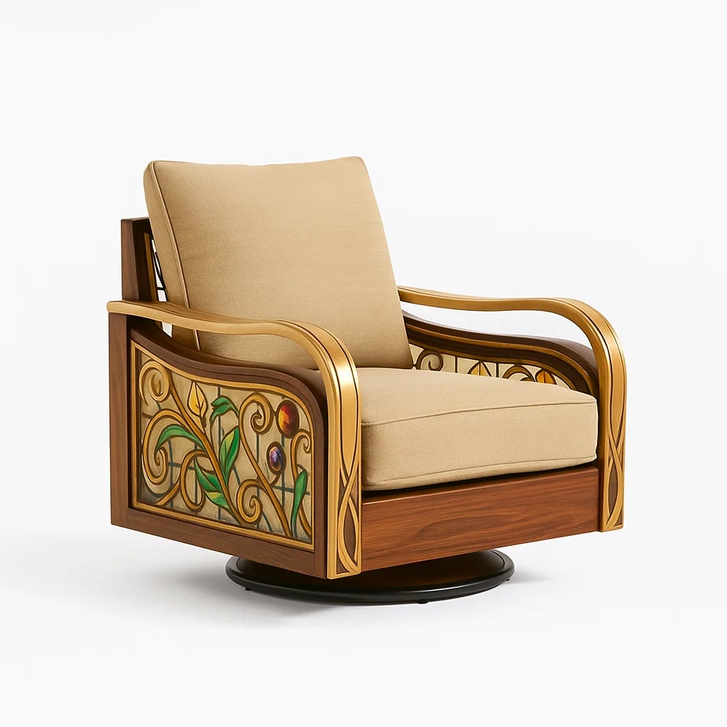 Sillón lounge Madera con tela de poliéster y panel de vidrio decorativo