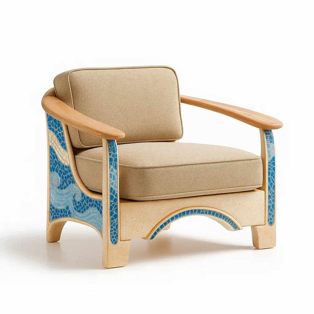 Sillón lounge Madera con mosaico azul y cojines beige 75x85x90 cm