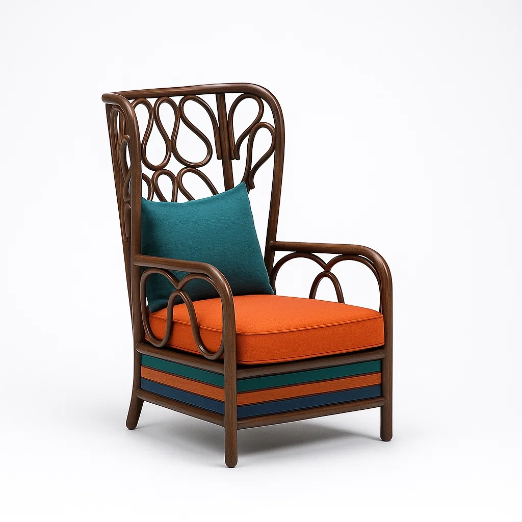 Sillón lounge Ratán y tapicería naranja/azul verdoso