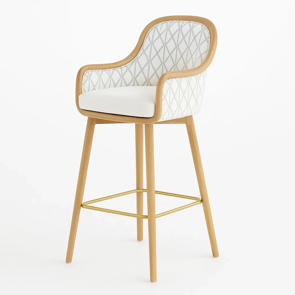 Taburete de bar Silla de bar con respaldo alto tapizada en tela y madera