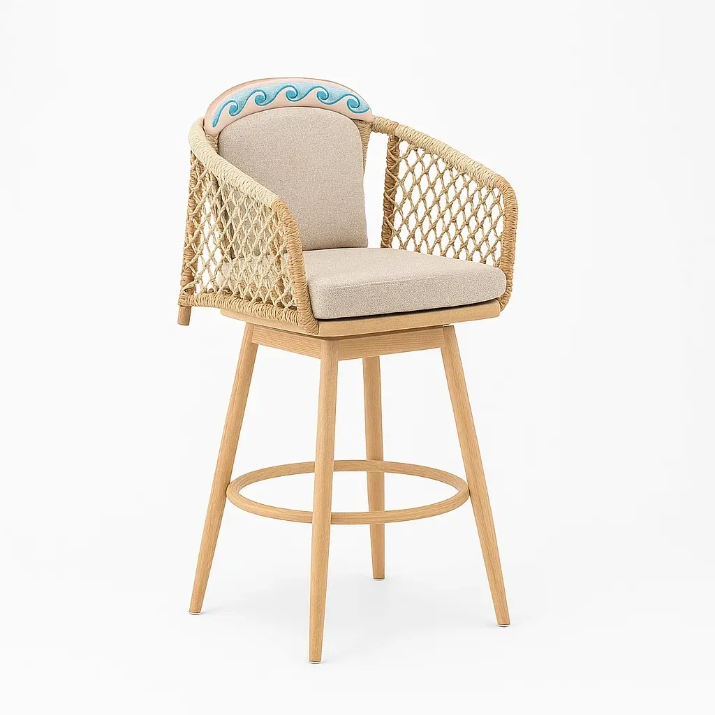 Taburete de bar Alto de cuerda sintética beige con respaldo ornamental y patas de madera