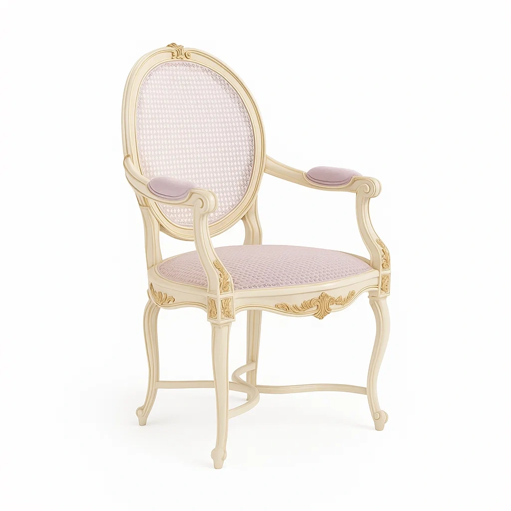 Sillón lounge Madera con respaldo ovalado tejido y cojines lilas