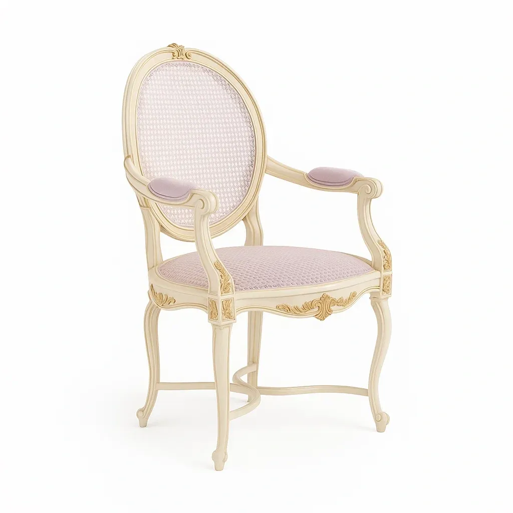 Sillón lounge Madera con respaldo ovalado tejido y cojines lilas