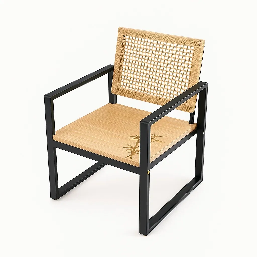 Sillón lounge Madera y ratán con marco metálico negro