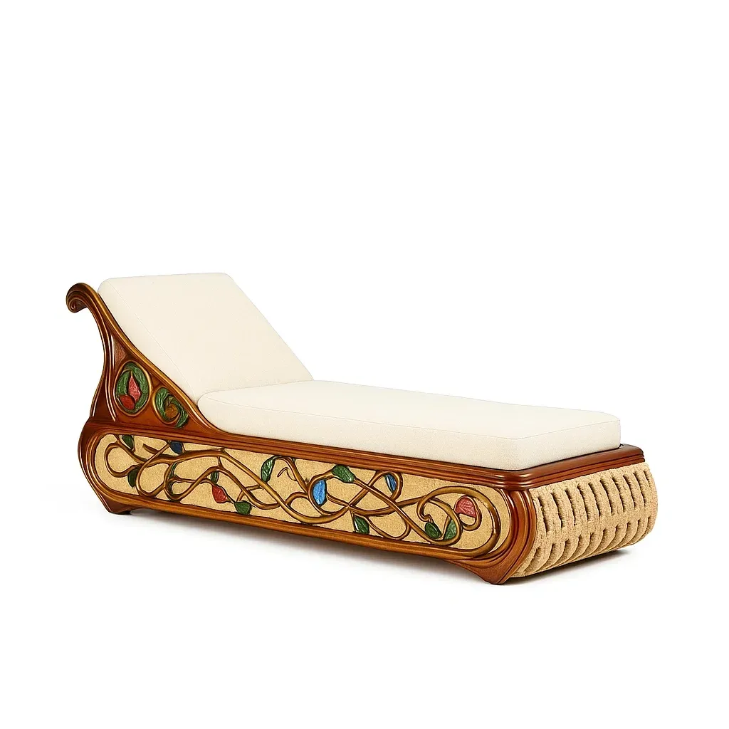 Chaise longue Madera con almohadón beige y detalles decorativos
