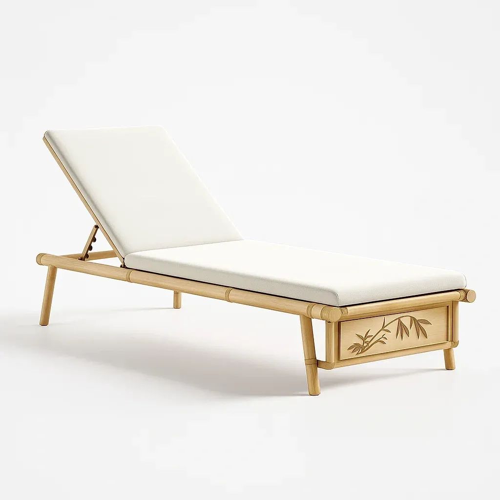 Tumbona de jardín Bambú con cojín de poliéster blanco