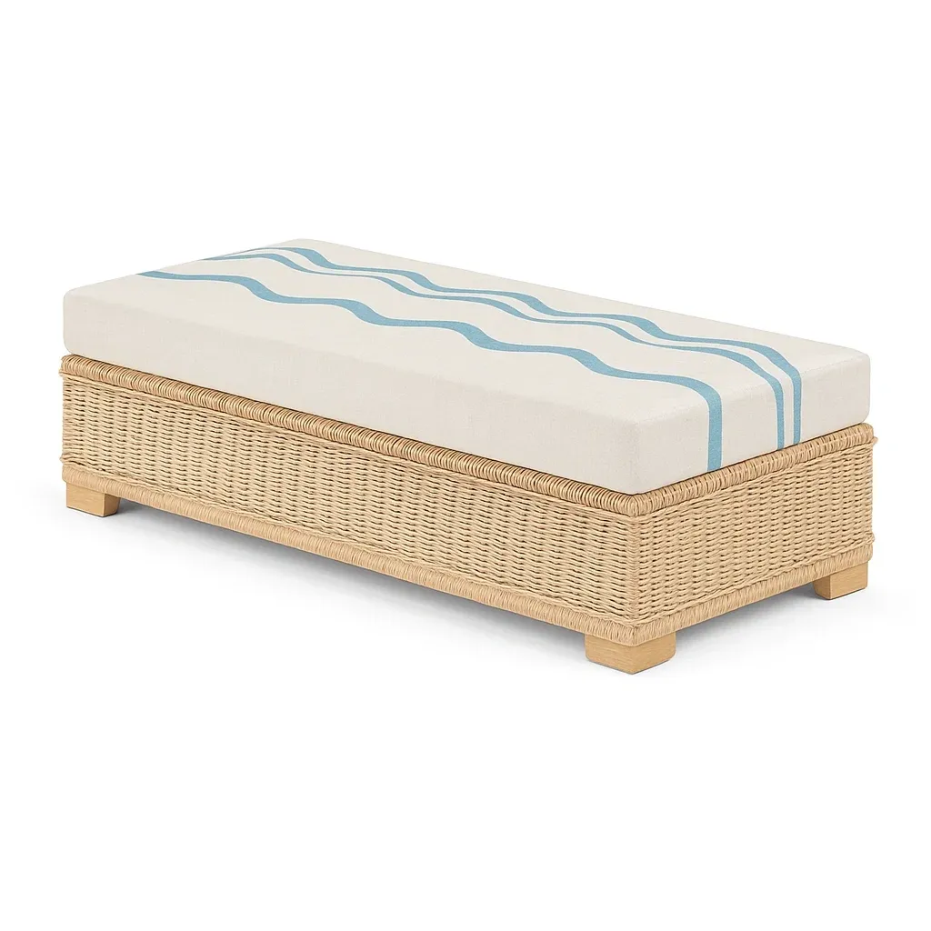 Banco de entrada Ratán con cojín de algodón y espuma beige/azul 120x45x40 cm