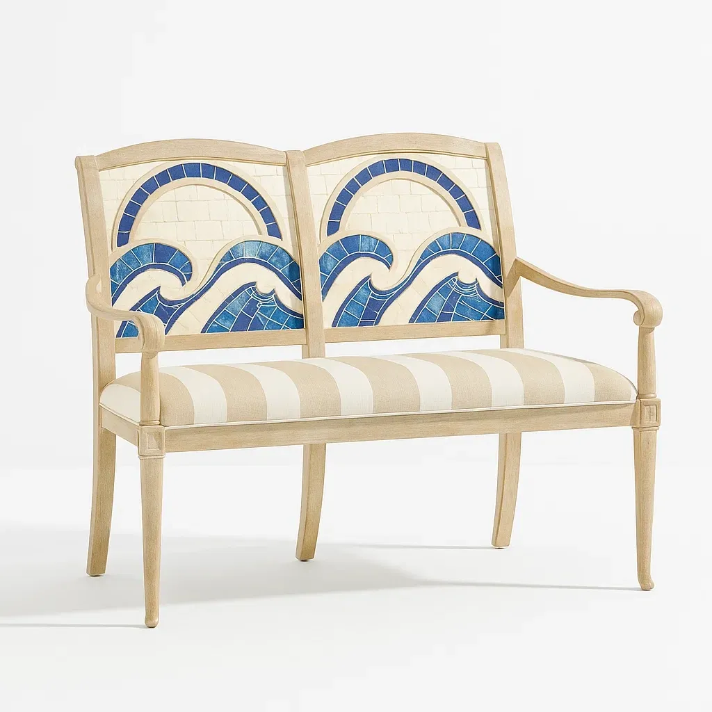 Banco de entrada Madera con mosaico y asiento tapizado beige