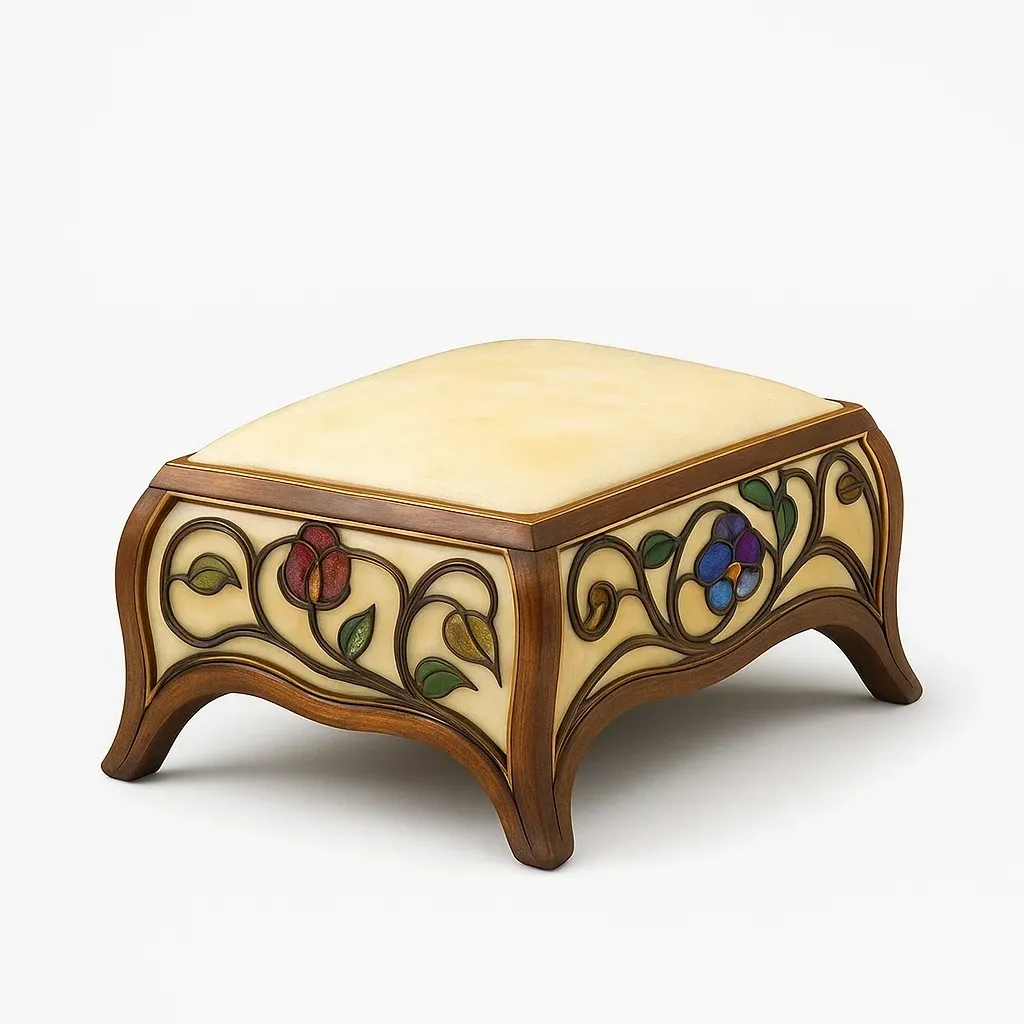 Taburete de madera con acolchado de cuero sintético y diseño floral