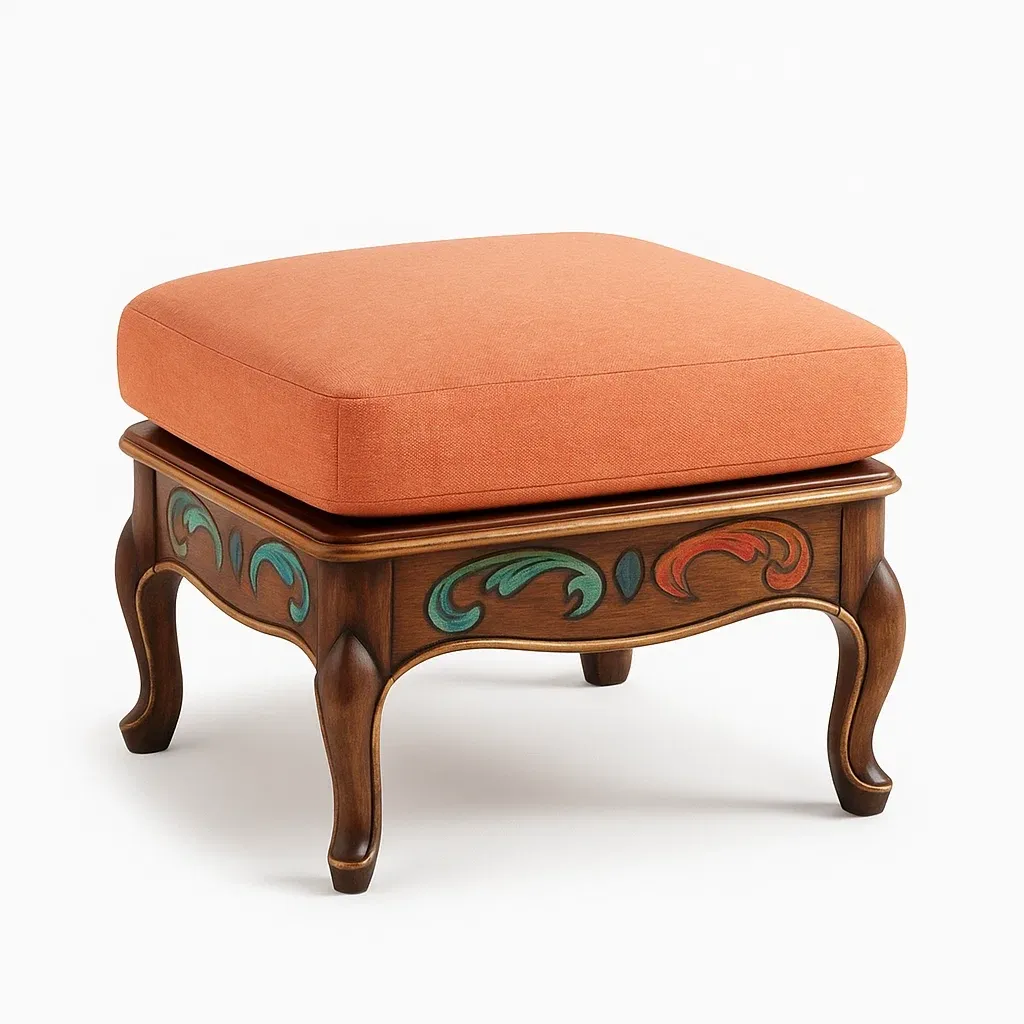Taburete de lino naranja con estructura de madera tallada 45x45x40 cm