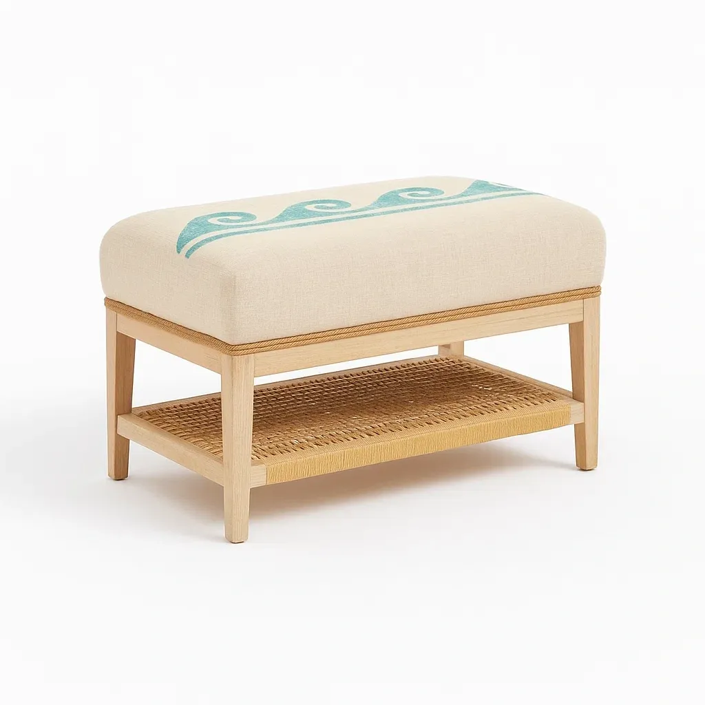 Banco de entrada Lino y madera con estante inferior de ratán