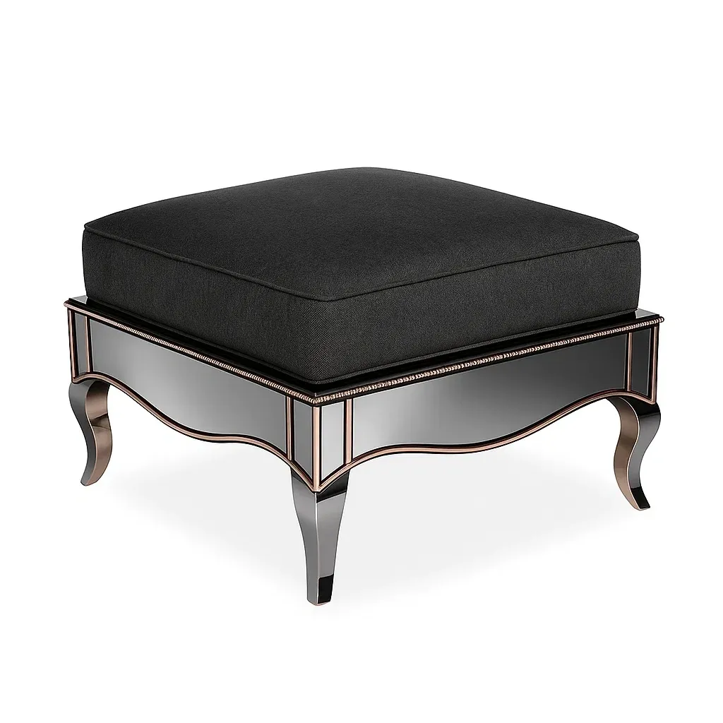 Taburete de madera con marco de espejo y cojín de tela negra 60x60x45 cm