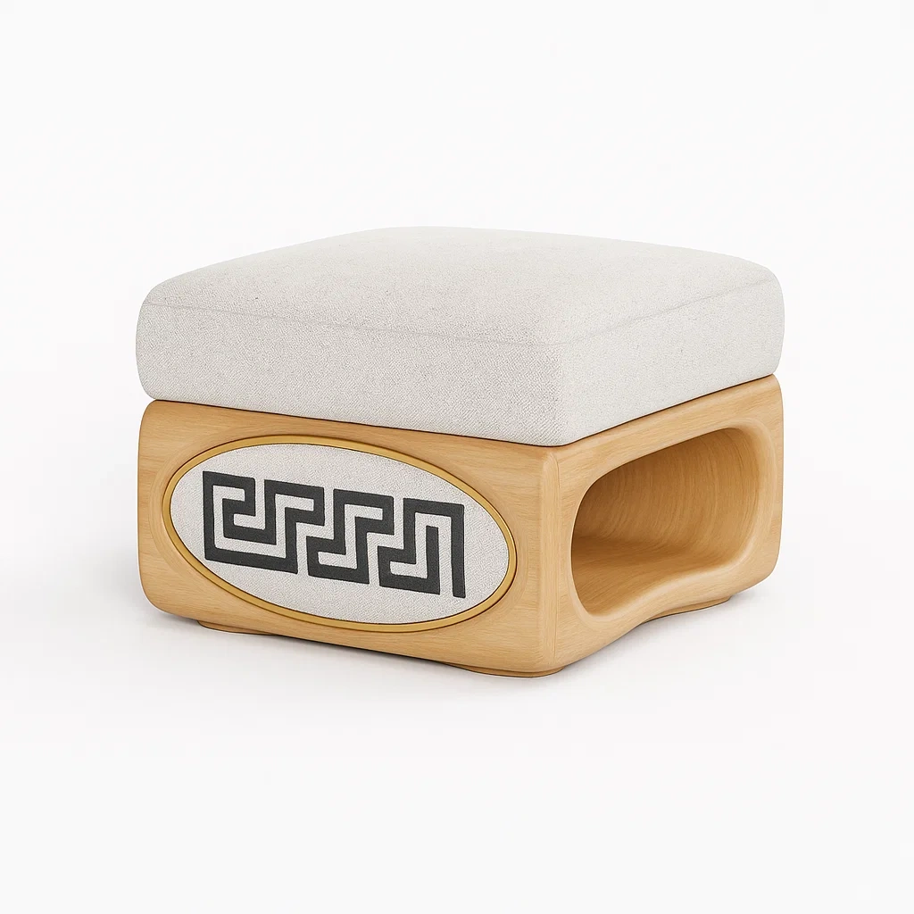 Taburete cuadrado con cojín de poliéster blanco y base de madera de roble con diseño geométrico