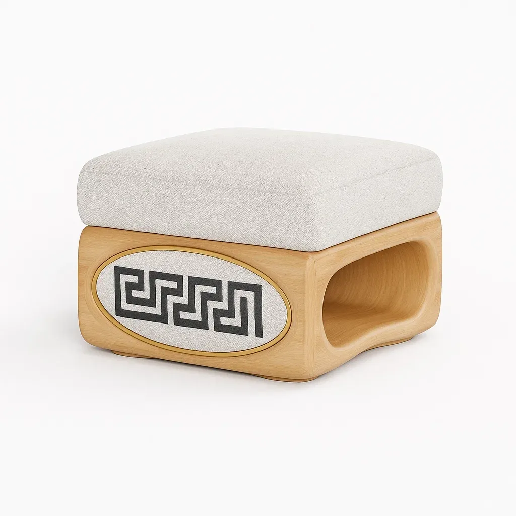 Taburete cuadrado con cojín de poliéster blanco y base de madera de roble con diseño geométrico