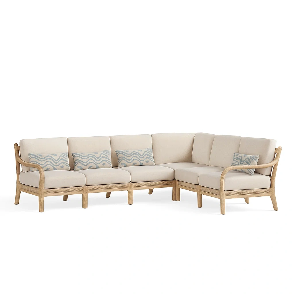 Sofá interior Seccional de esquina de ratán y tela beige con cojines
