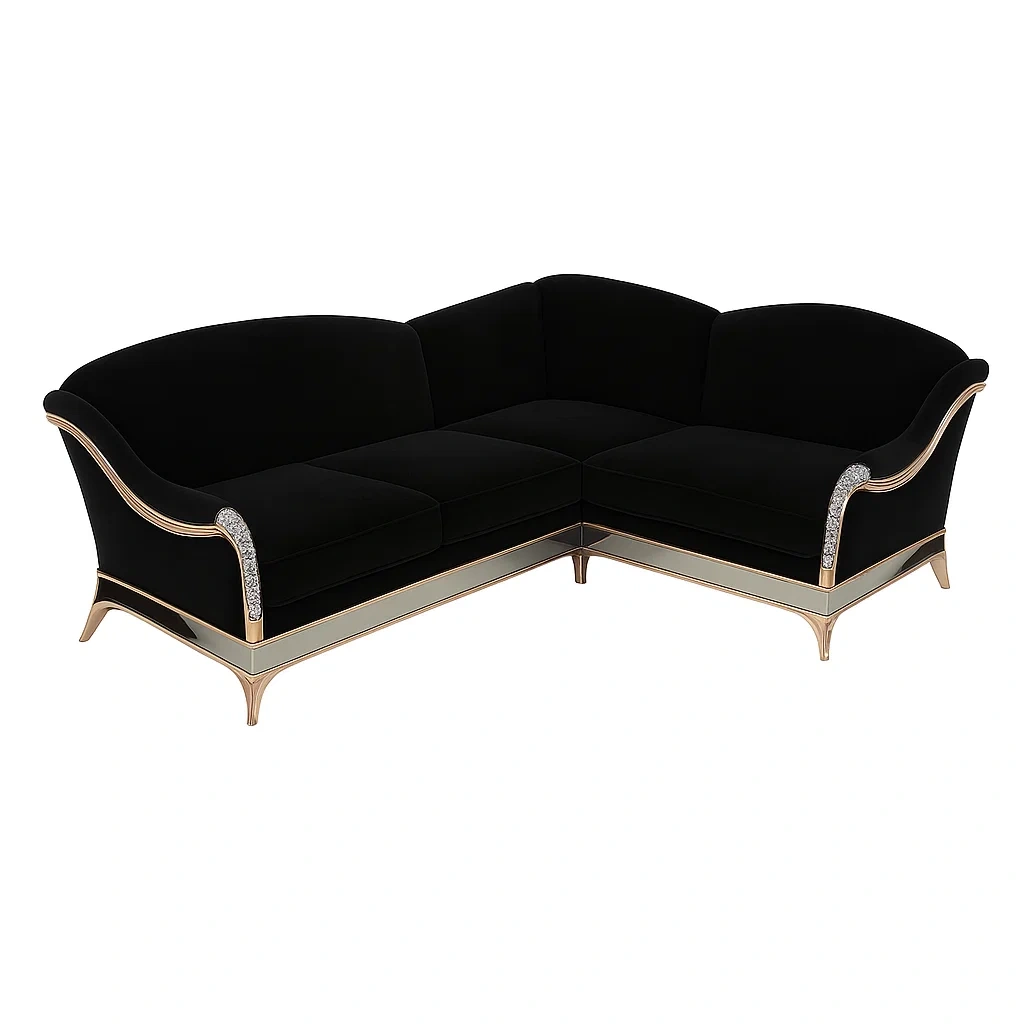 Sofá interior Seccional en L de terciopelo negro y estructura metálica