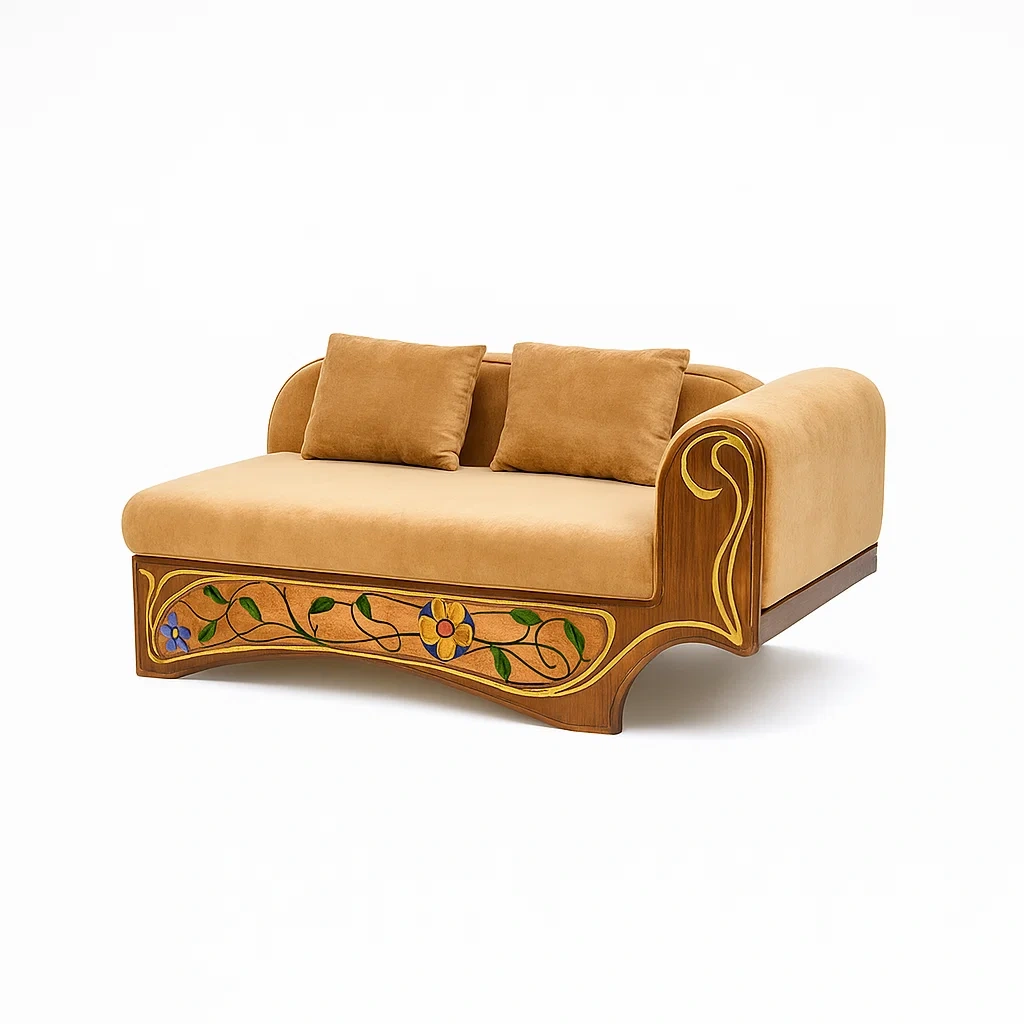 Sofá interior Madera con diseño floral y tapizado de terciopelo beige