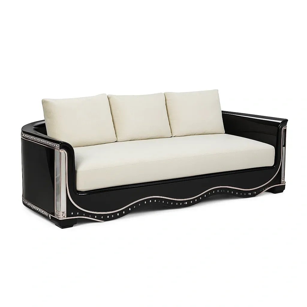 Sofá interior Tela y madera negro con cojines crema