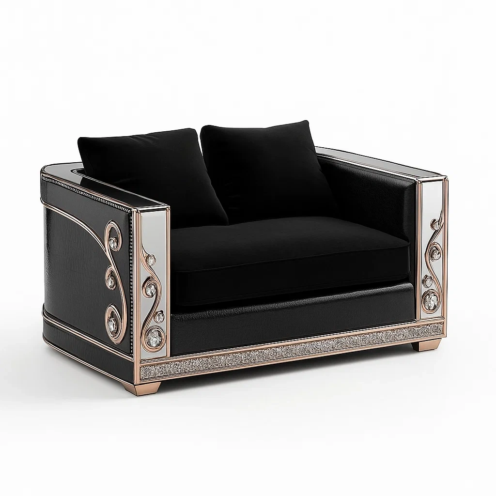 Sofá interior Biplaza de piel sintética negra con detalles metálicos y cristalizados