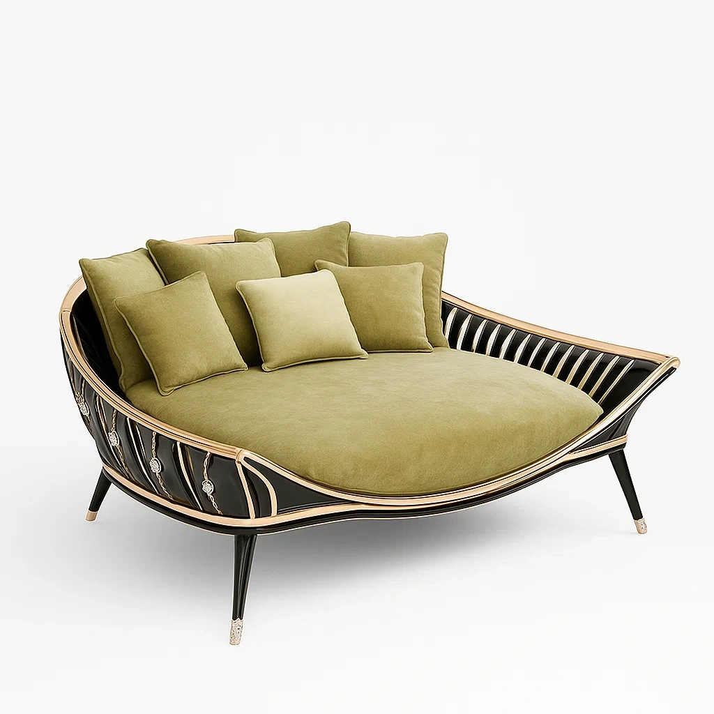 Diván con cojines de tela verde y estructura de madera y metal