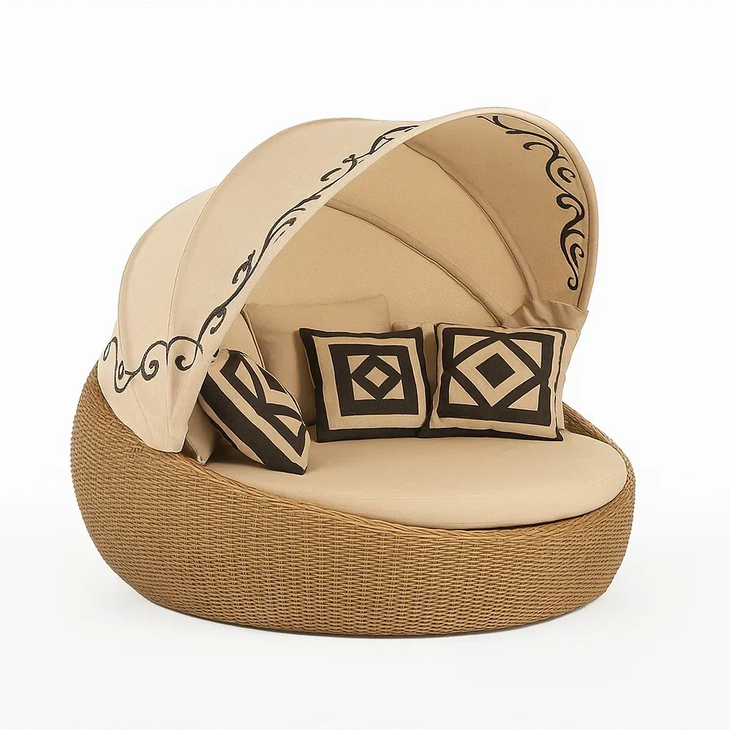 Tumbona de jardín Cama de ratán circular con dosel y cojines de poliéster