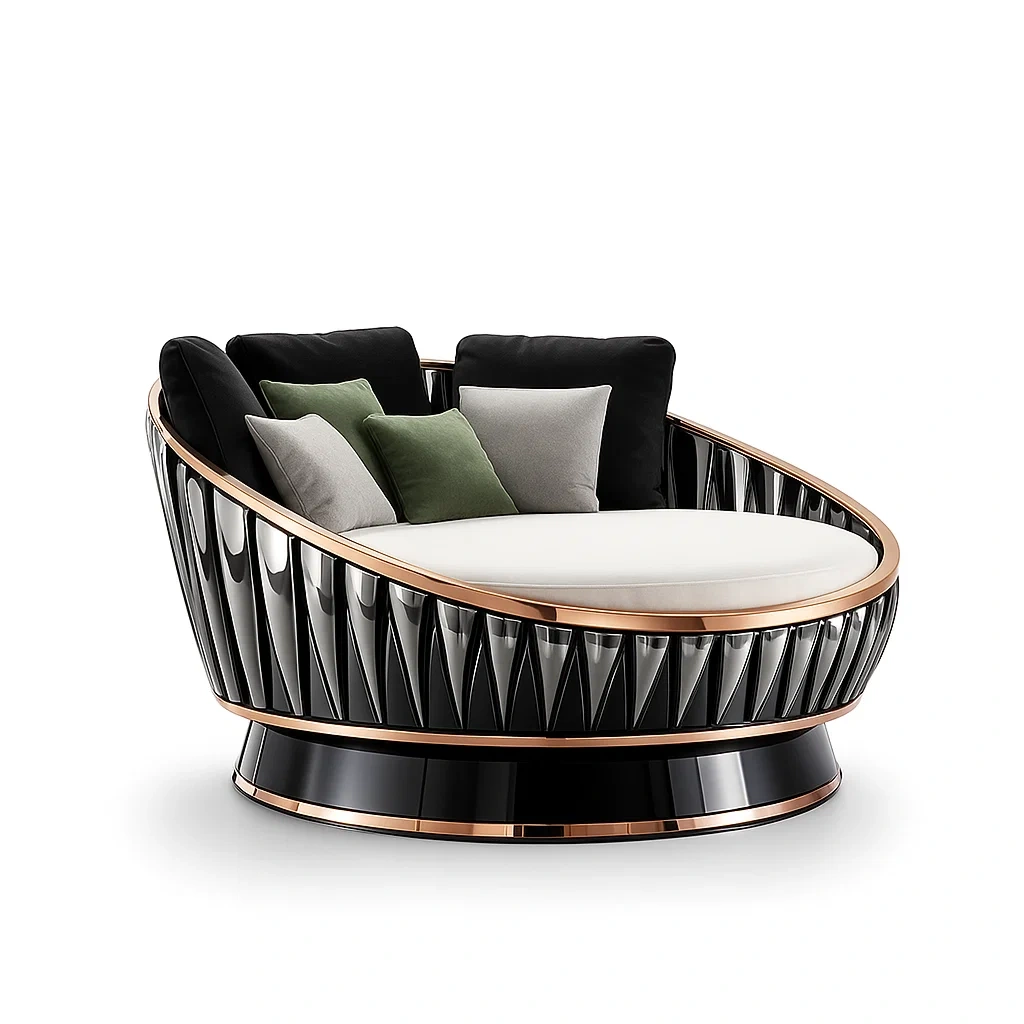 Diván redondo de metal y polipiel negro y crema