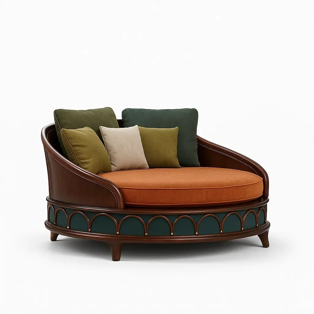 Diván circular de madera y terciopelo naranja con cojines