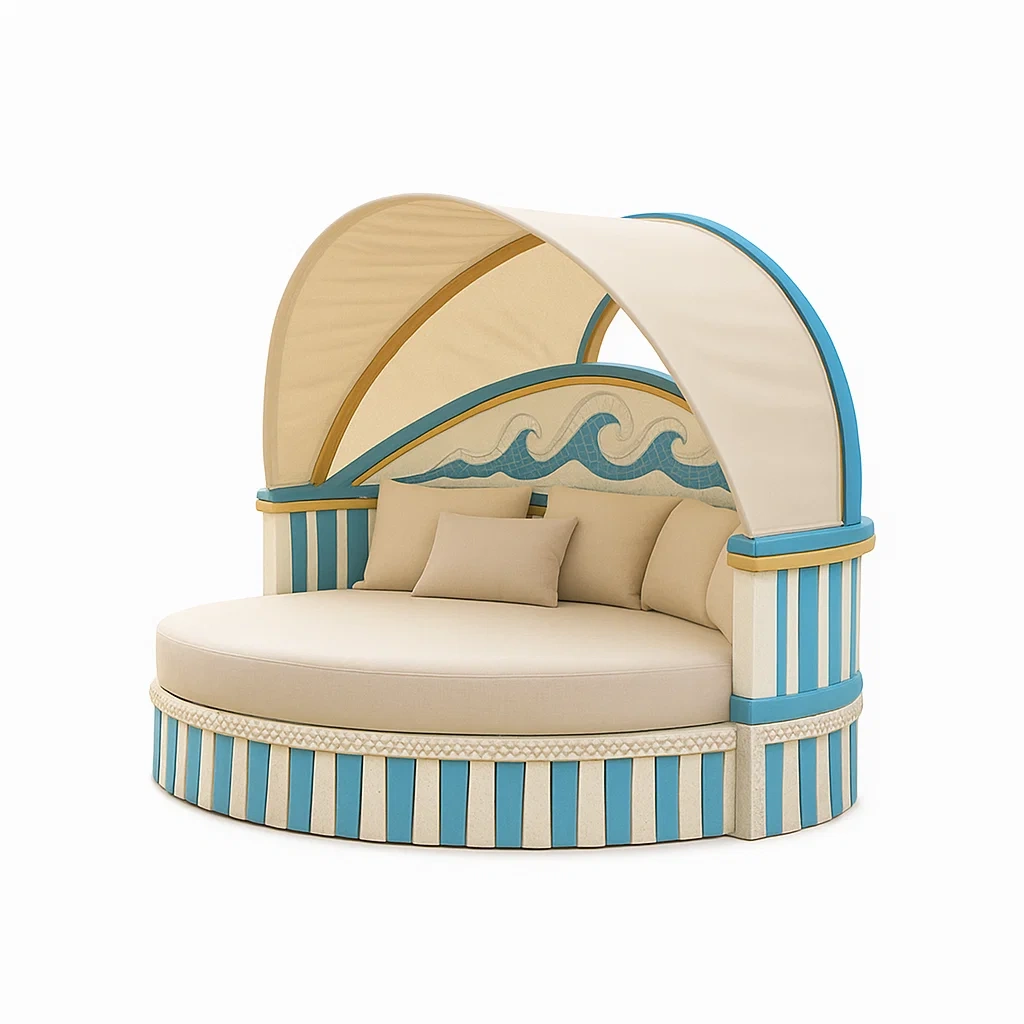 Tumbona de jardín Cama redonda con dosel de poliéster beige/azul