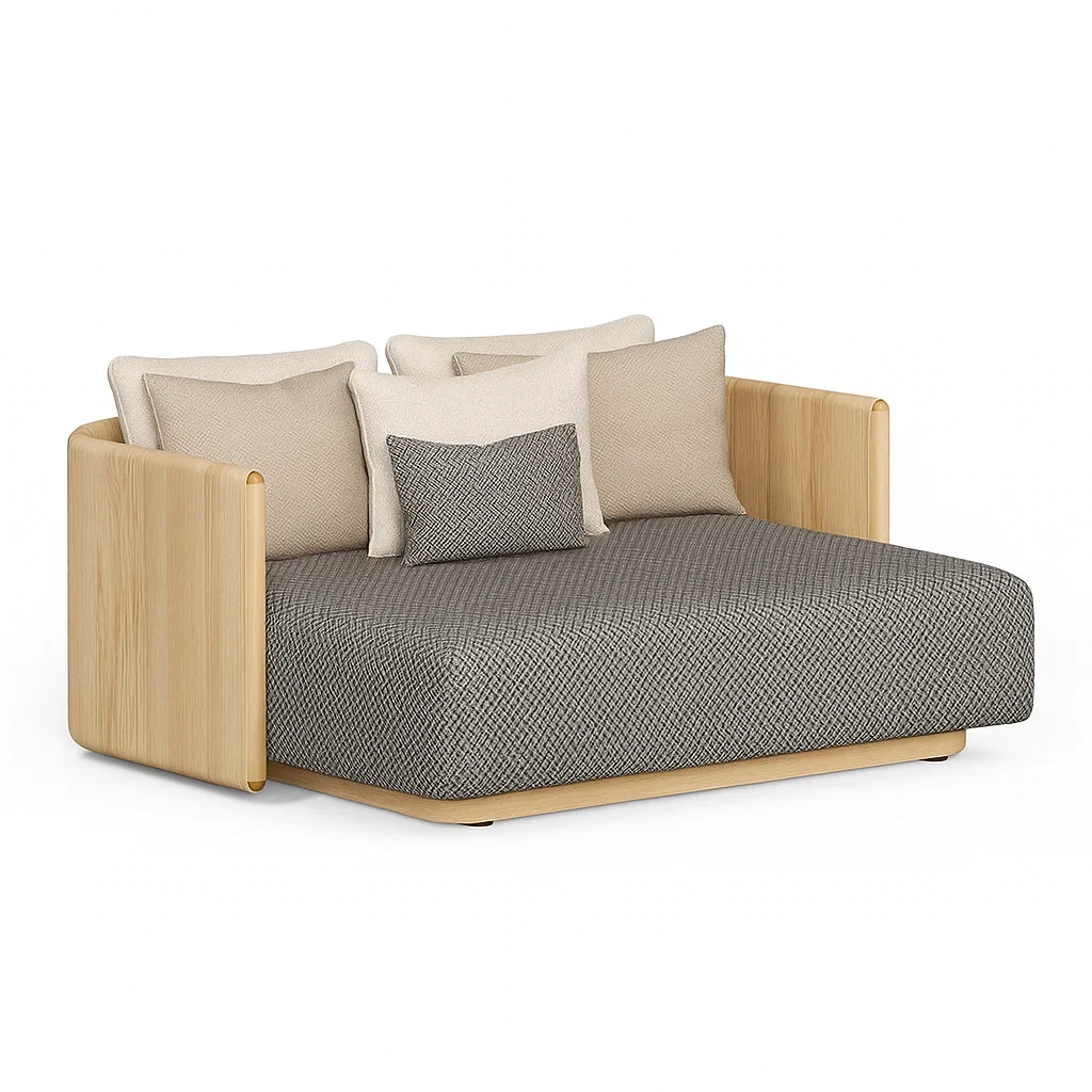Diván cama tapizado en poliéster gris con brazos de madera de fresno