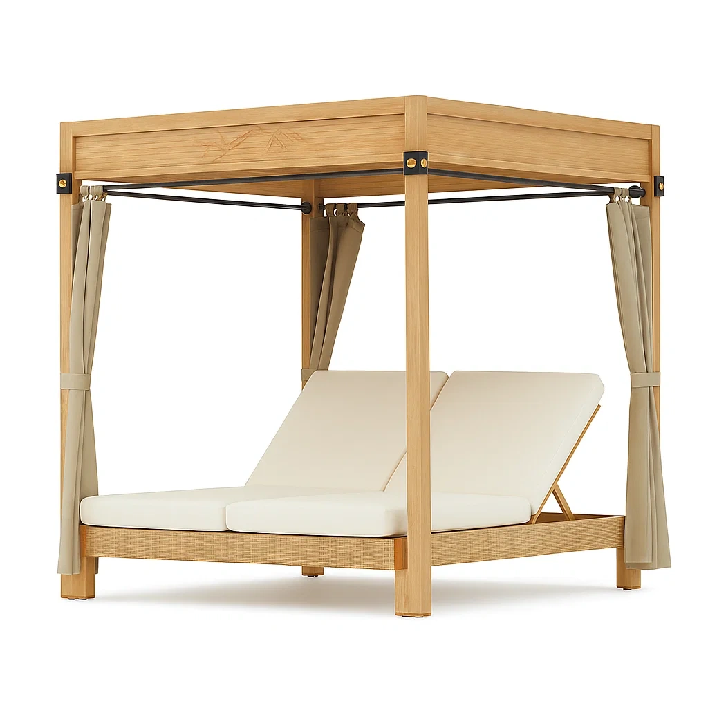 Tumbona de jardín Cama balinesa de madera con cortinas y cojines ajustables beige