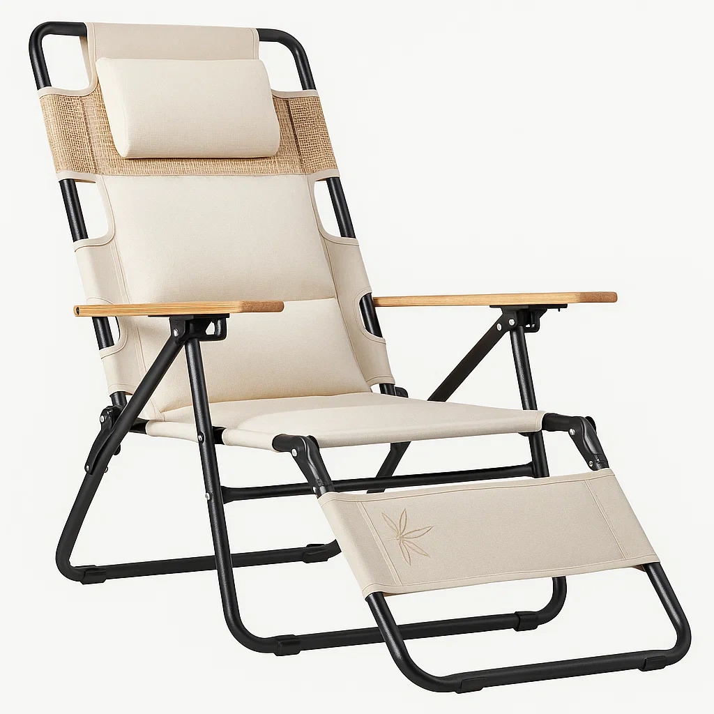 Silla reclinable de jardín de acero con reposacabezas y reposapiés beige