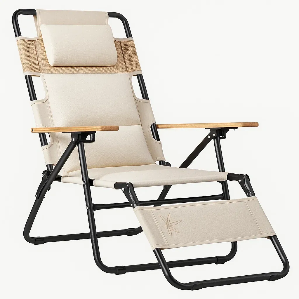 Silla reclinable de jardín de acero con reposacabezas y reposapiés beige