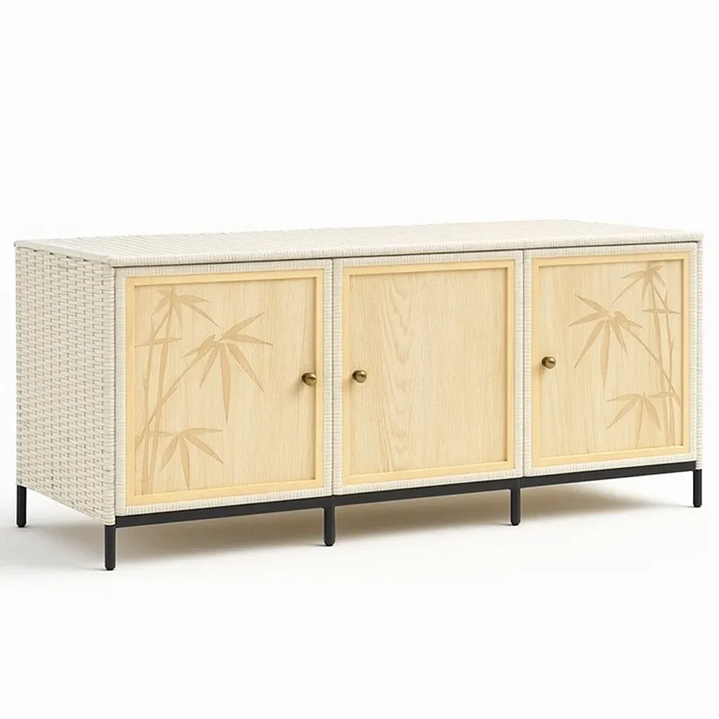 Aparador Madera y ratán con marco metálico y puertas decorativas de bambú