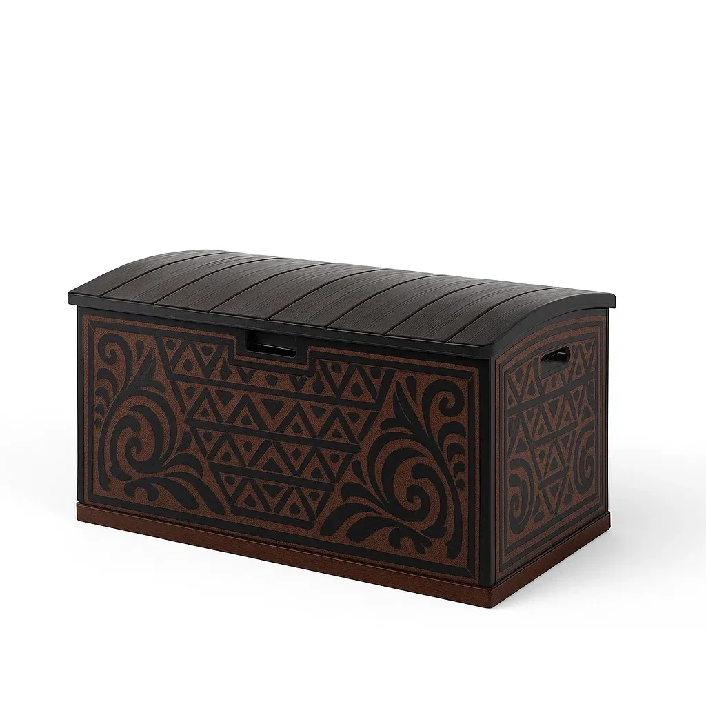 Arcón para cojines Plástico marrón/negro 117x45x57 cm con diseño geométrico