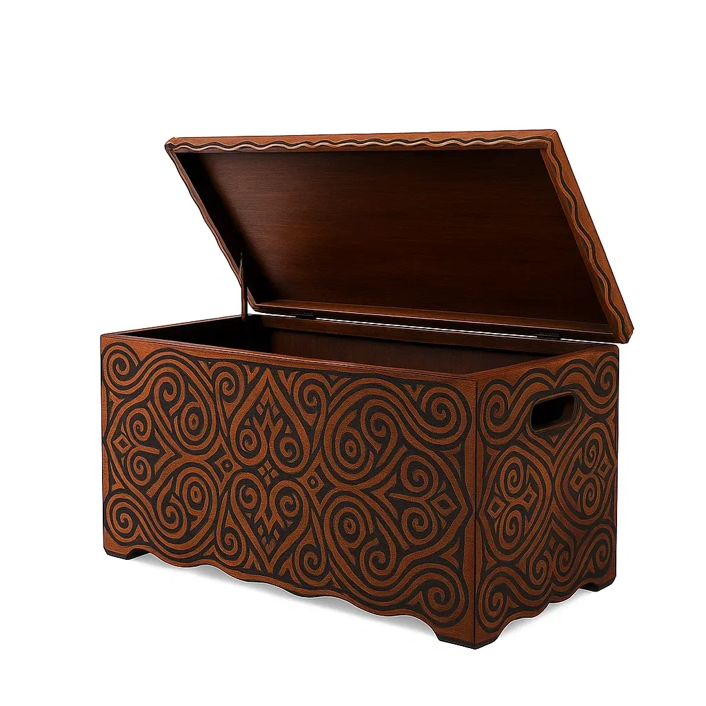 Baúl Madera marrón con diseño tallado 80x40x45 cm