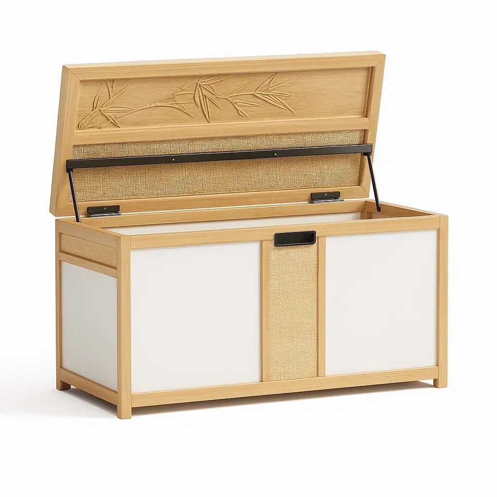 Baúl Madera de bambú y paneles blancos 100x50x55 cm