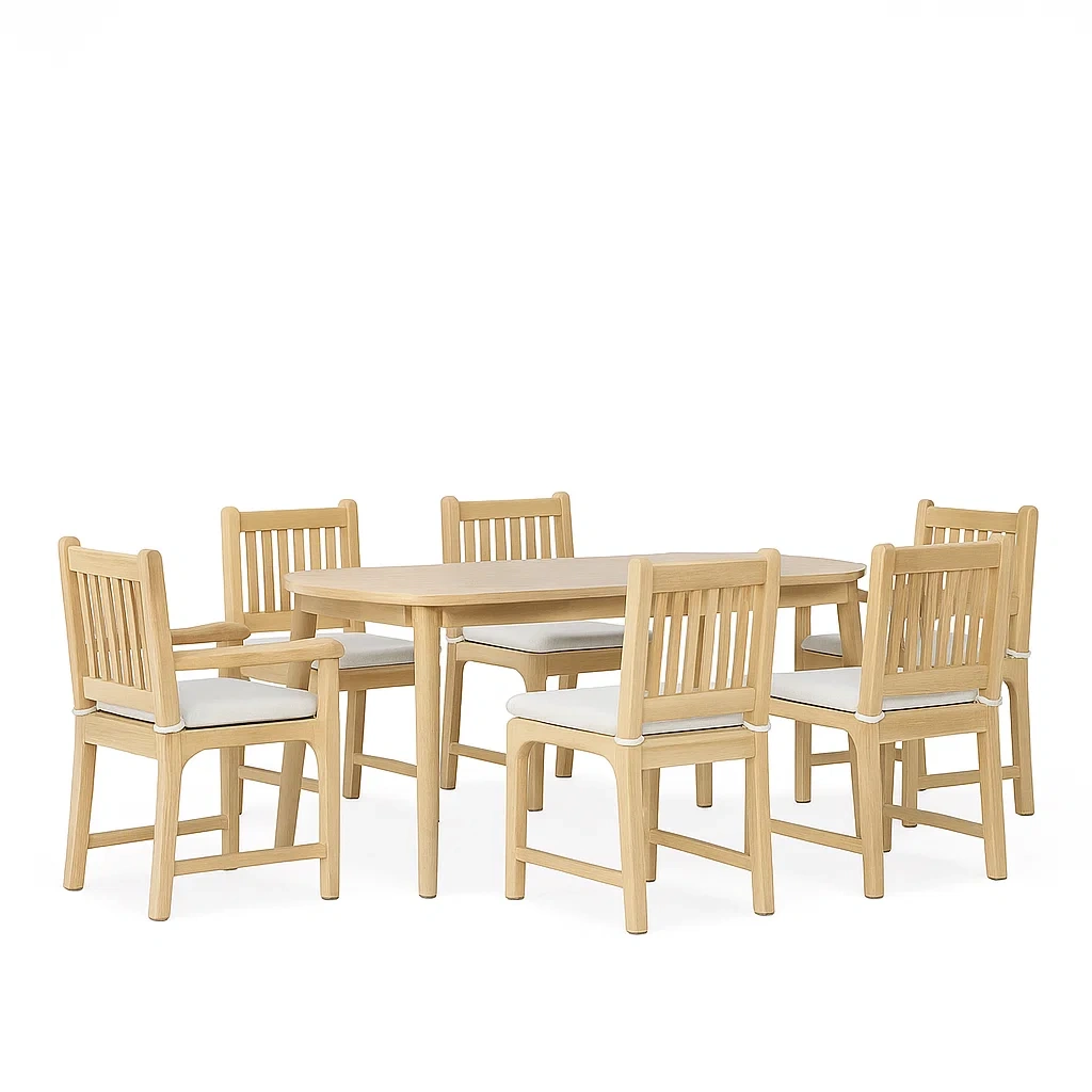 Conjunto de comedor Madera con 6 sillas y cojines beige