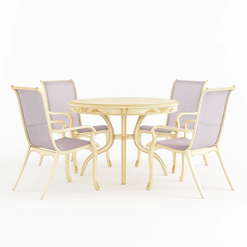 Conjunto de comedor en Púrpura claro y Dorado claro: Mesa redonda de madera y 4 sillas tapizadas