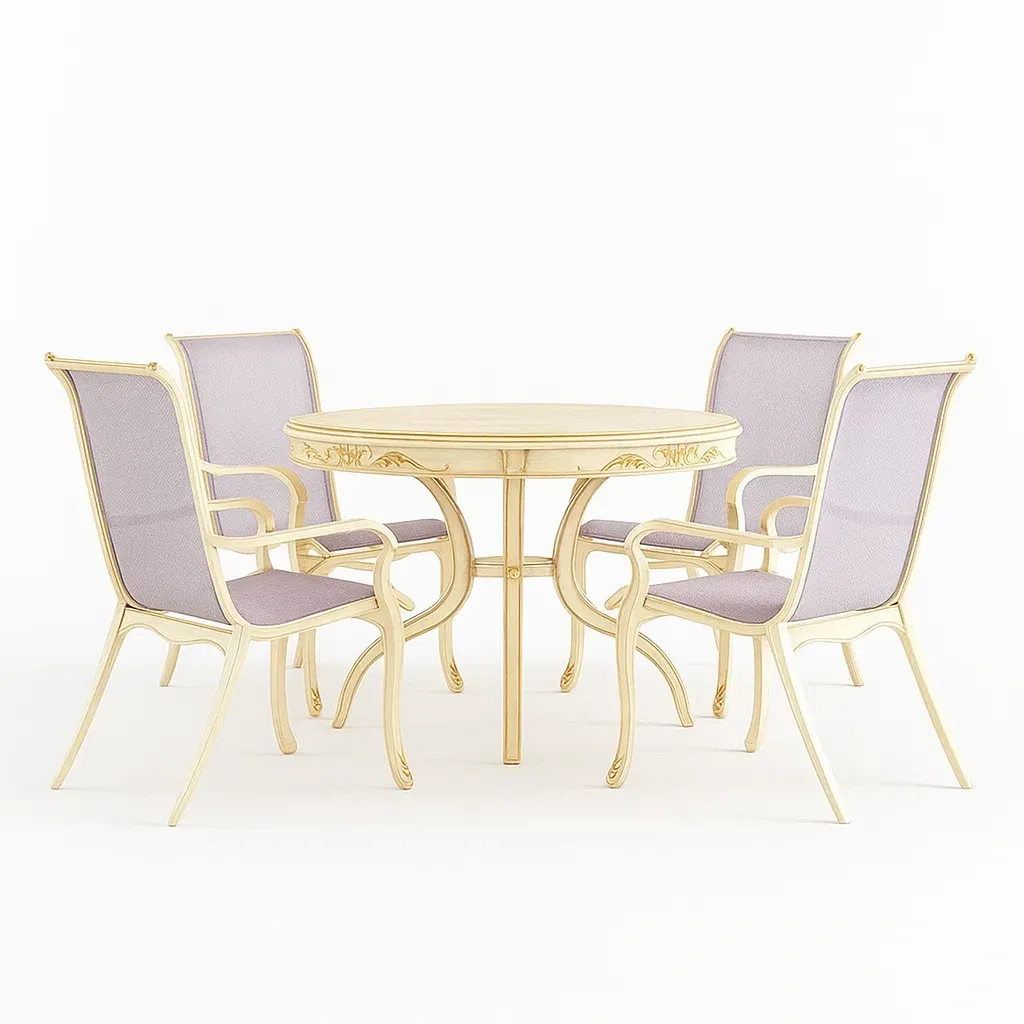 Conjunto de comedor en Púrpura claro y Dorado claro: Mesa redonda de madera y 4 sillas tapizadas