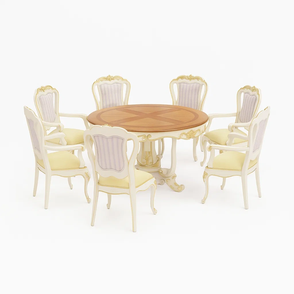 Conjunto de comedor Mesa redonda de madera y 7 sillas tapizadas