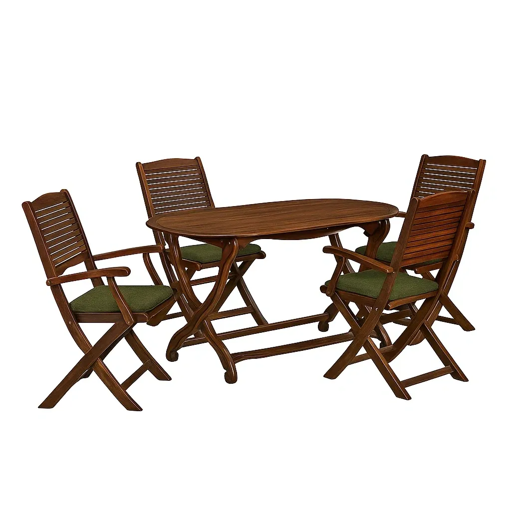 Conjunto de comedor de jardín Madera de acacia marrón con cojines verdes