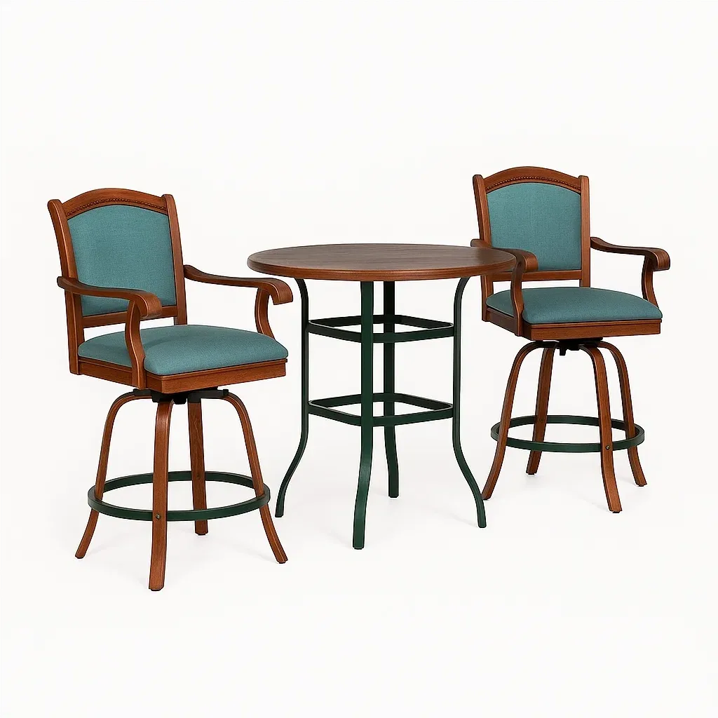 Conjunto de mesa de bar Mesa redonda con dos taburetes giratorios de madera y tela azul