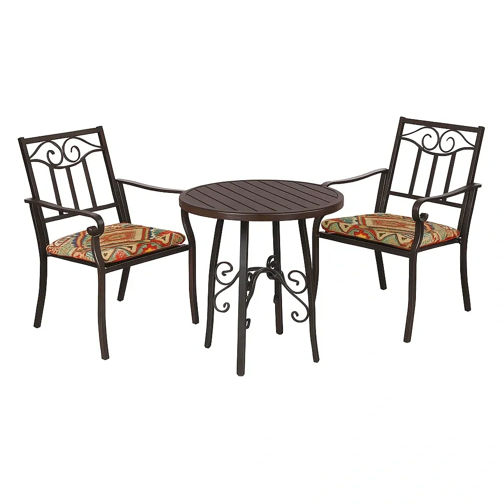 Conjunto de descanso de jardín Bistró de metal con mesa redonda y sillas con cojines