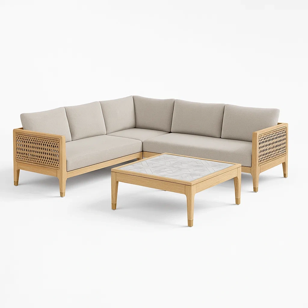 Conjunto lounge de jardín Sofá esquinero de roble y mesa con tapa de vidrio templado beige