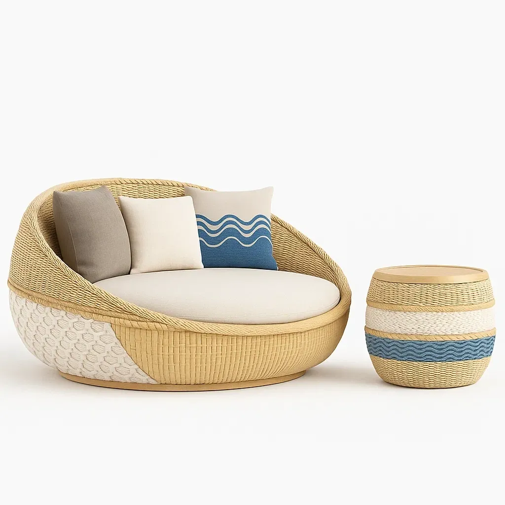 Conjunto lounge de jardín Sofá redondo y mesa de centro de ratán sintético beige, crema y azul