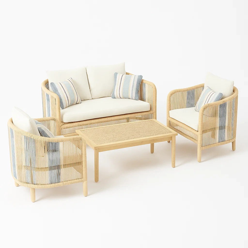 Conjunto lounge de jardín Ratán sintético crema y azul