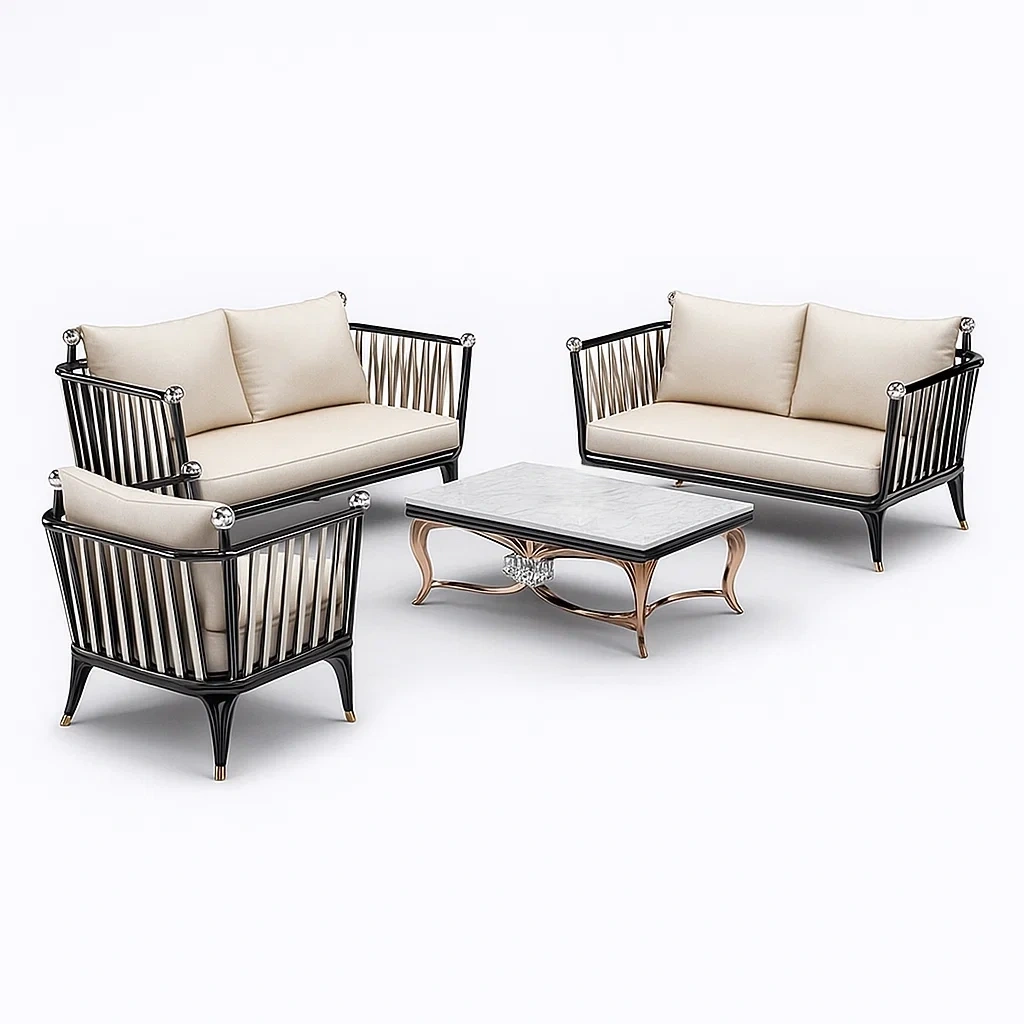 Conjunto lounge de jardín Metal con cojines beige y mesa de centro de mármol