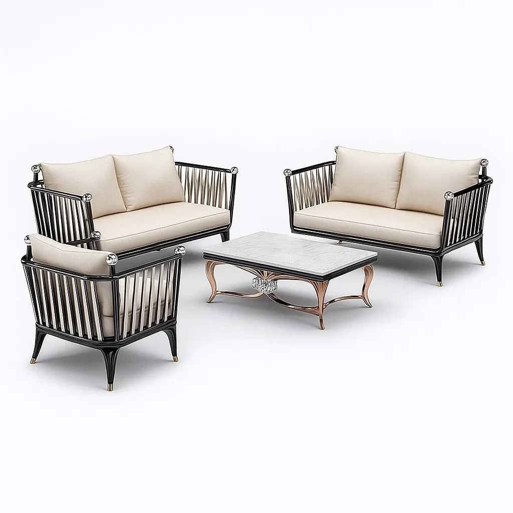 Conjunto lounge de jardín Metal con cojines beige y mesa de centro de mármol